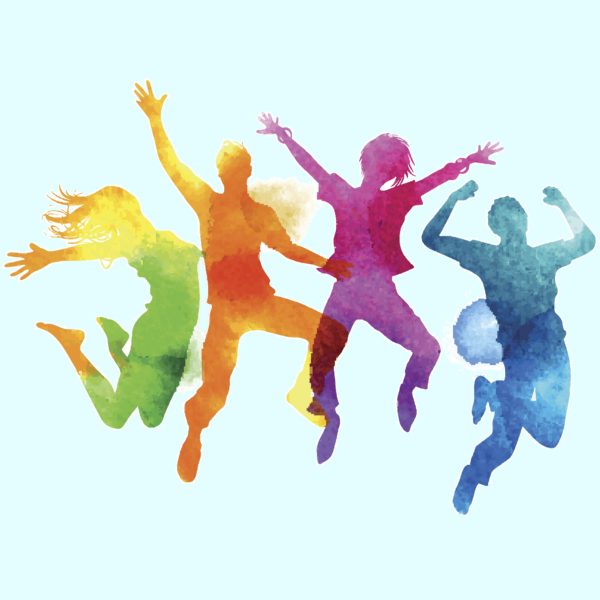 Watercolour Jumping People Vector. A group of freinds jumping into the air. Vector illustration.