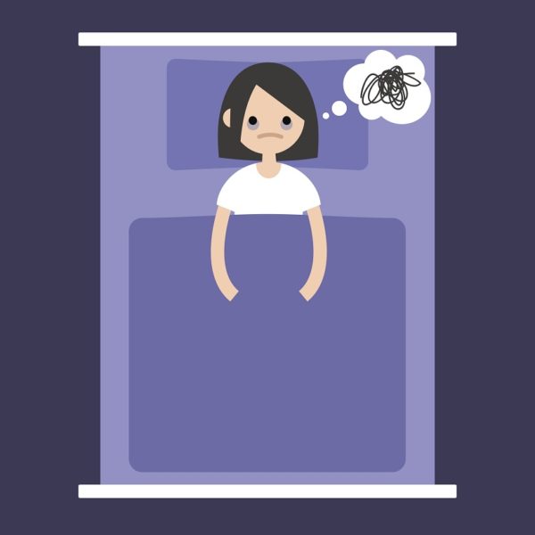 young brunette girl laying in the bed with open eyes / flat editable vector illustration